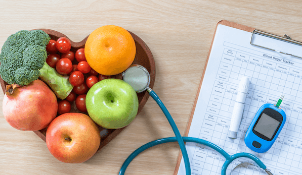 Diabetes Illustrating fruits and vegetables and monitoring Blood Sugar Levels